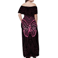 New Zealand Breast Cancer Awareness Off Shoulder Maxi Dress Maori Butterfly Pink Ribbon Black Version LT14 - Polynesian Pride