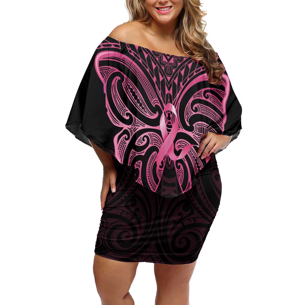 New Zealand Breast Cancer Awareness Off Shoulder Short Dress Maori Butterfly Pink Ribbon Black Version LT14 Women Black - Polynesian Pride