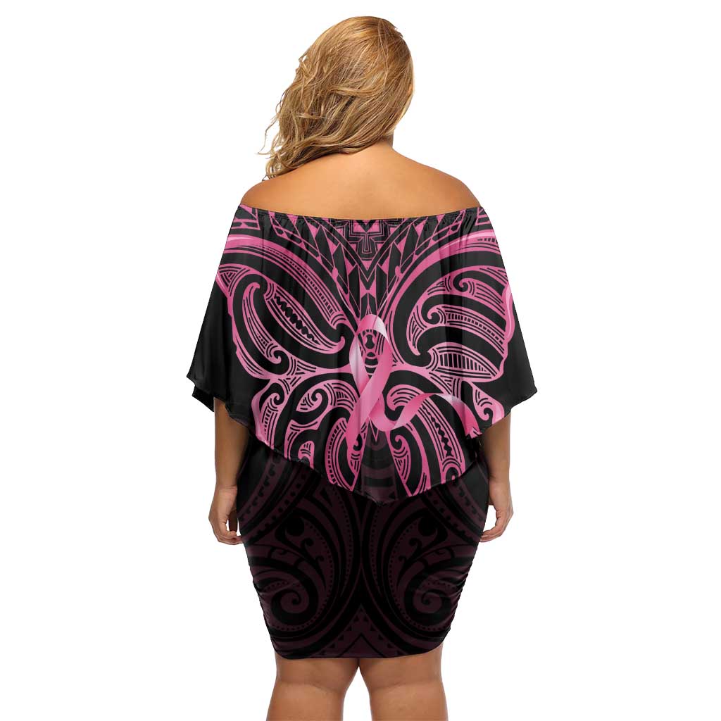 New Zealand Breast Cancer Awareness Off Shoulder Short Dress Maori Butterfly Pink Ribbon Black Version LT14 - Polynesian Pride