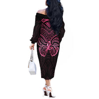 New Zealand Breast Cancer Awareness Off The Shoulder Long Sleeve Dress Maori Butterfly Pink Ribbon Black Version LT14 - Polynesian Pride
