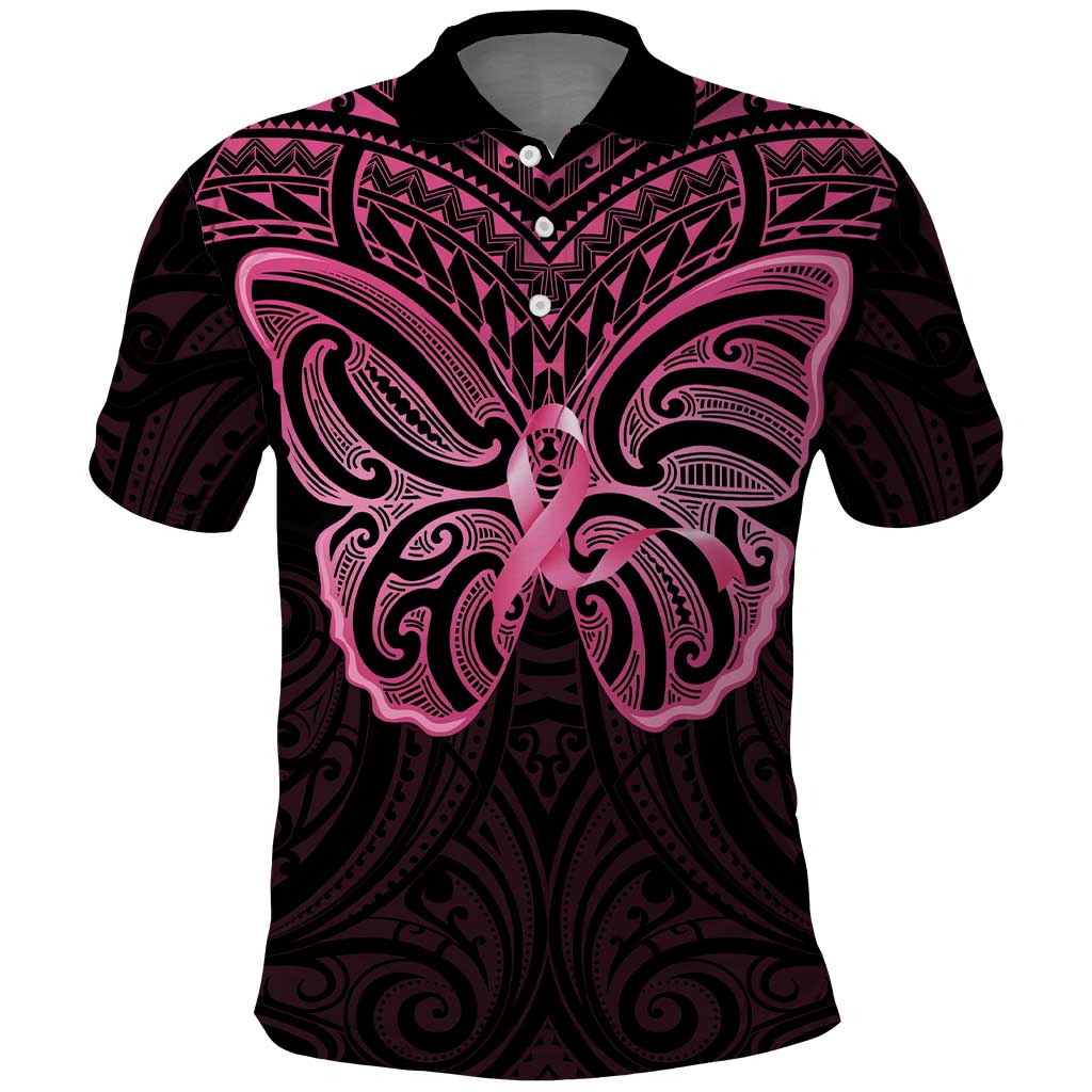 New Zealand Breast Cancer Awareness Polo Shirt Maori Butterfly Pink Ribbon Black Version LT14 Black - Polynesian Pride