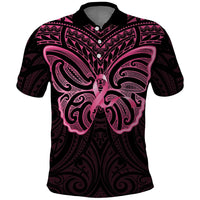 New Zealand Breast Cancer Awareness Polo Shirt Maori Butterfly Pink Ribbon Black Version LT14 Black - Polynesian Pride