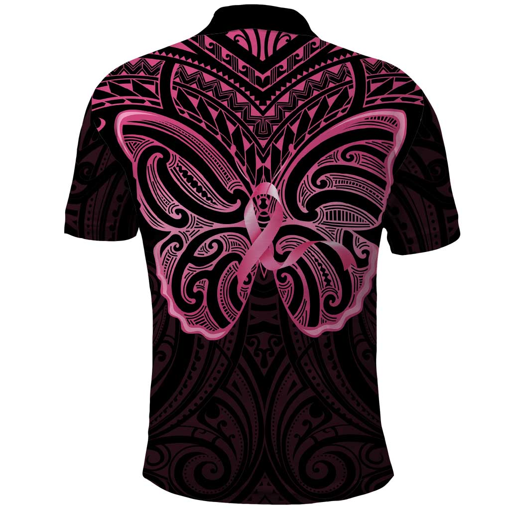 New Zealand Breast Cancer Awareness Polo Shirt Maori Butterfly Pink Ribbon Black Version LT14 - Polynesian Pride
