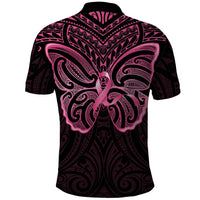 New Zealand Breast Cancer Awareness Polo Shirt Maori Butterfly Pink Ribbon Black Version LT14 - Polynesian Pride