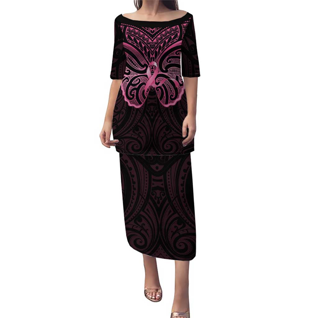 New Zealand Breast Cancer Awareness Puletasi Maori Butterfly Pink Ribbon Black Version - Polynesian Pride