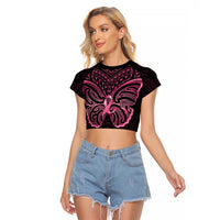 New Zealand Breast Cancer Awareness Raglan Cropped T Shirt Maori Butterfly Pink Ribbon Black Version LT14 Female Black - Polynesian Pride