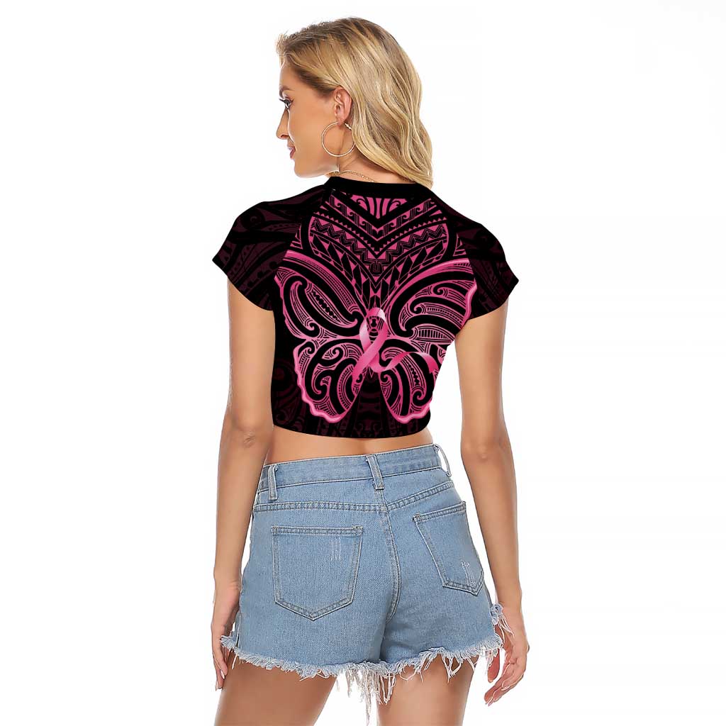 New Zealand Breast Cancer Awareness Raglan Cropped T Shirt Maori Butterfly Pink Ribbon Black Version LT14 - Polynesian Pride