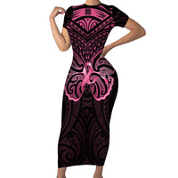 New Zealand Breast Cancer Awareness Short Sleeve Bodycon Dress Maori Butterfly Pink Ribbon Black Version LT14 Long Dress Black - Polynesian Pride