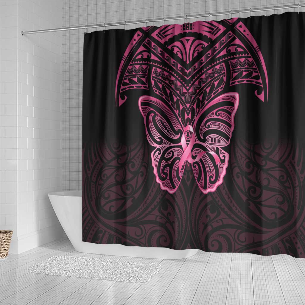 New Zealand Breast Cancer Awareness Shower Curtain Maori Butterfly Pink Ribbon Black Version - Polynesian Pride