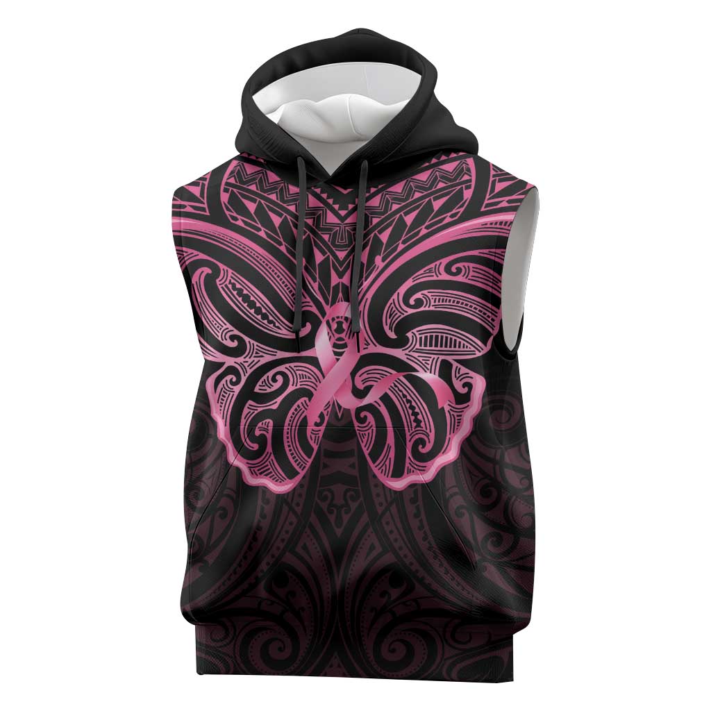 New Zealand Breast Cancer Awareness Sleeveless Hoodie Maori Butterfly Pink Ribbon Black Version LT14 Black - Polynesian Pride