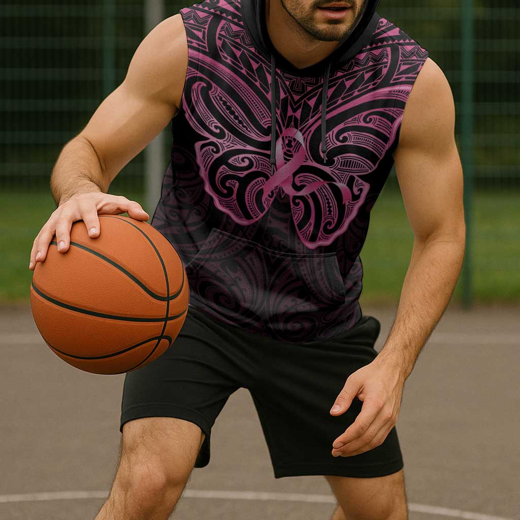 New Zealand Breast Cancer Awareness Sleeveless Hoodie Maori Butterfly Pink Ribbon Black Version LT14 - Polynesian Pride