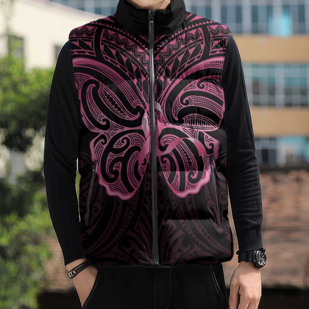 New Zealand Breast Cancer Awareness Sleeveless Puffer Jacket Maori Butterfly Pink Ribbon Black Version - Polynesian Pride