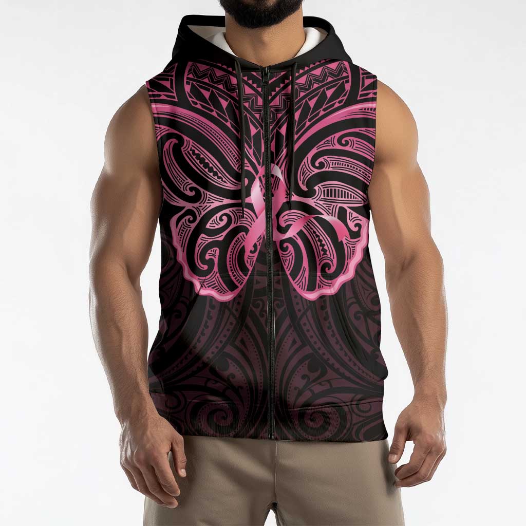 New Zealand Breast Cancer Awareness Sleeveless Zip Hoodie Maori Butterfly Pink Ribbon Black Version LT14 - Polynesian Pride