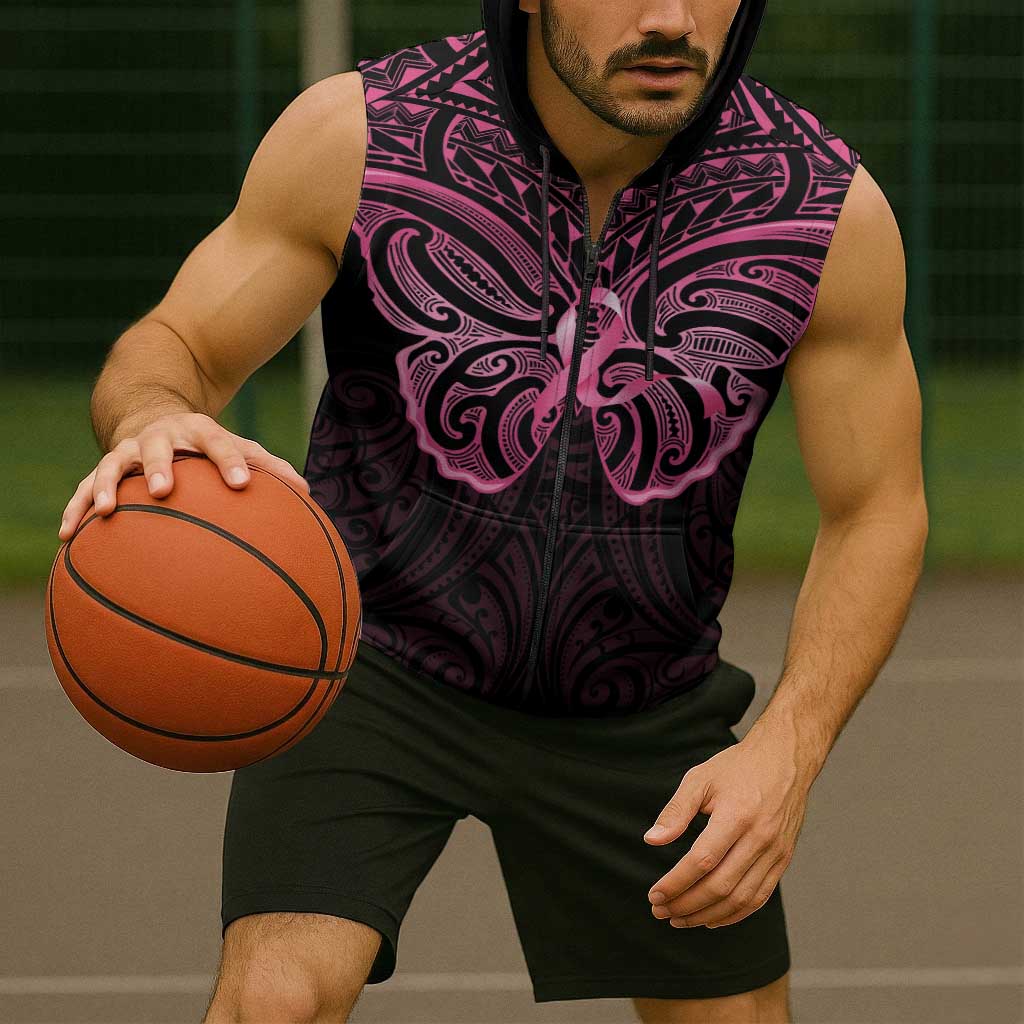 New Zealand Breast Cancer Awareness Sleeveless Zip Hoodie Maori Butterfly Pink Ribbon Black Version LT14 - Polynesian Pride