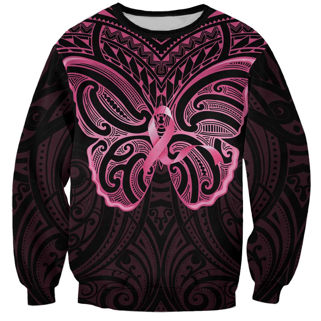 New Zealand Breast Cancer Awareness Sweatshirt Maori Butterfly Pink Ribbon Black Version - Polynesian Pride