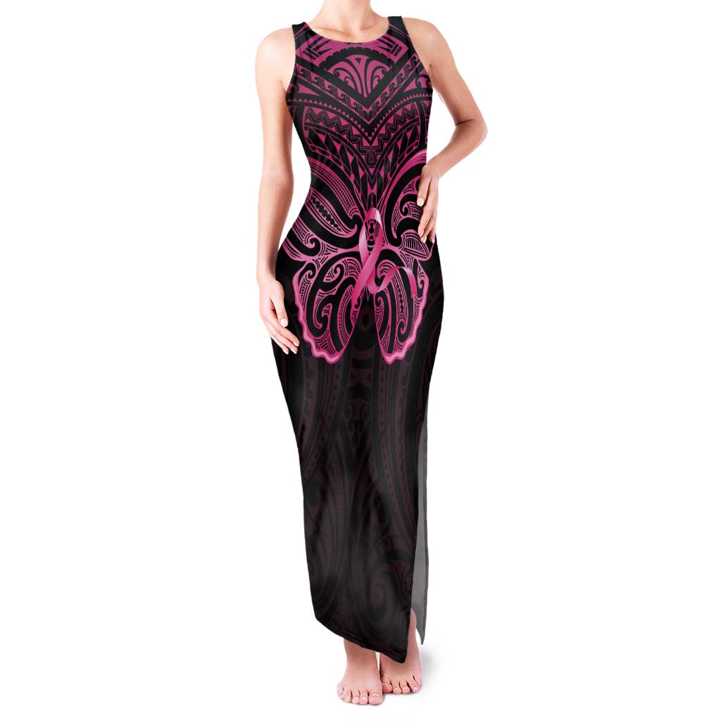 New Zealand Breast Cancer Awareness Tank Maxi Dress Maori Butterfly Pink Ribbon Black Version LT14 Women Black - Polynesian Pride