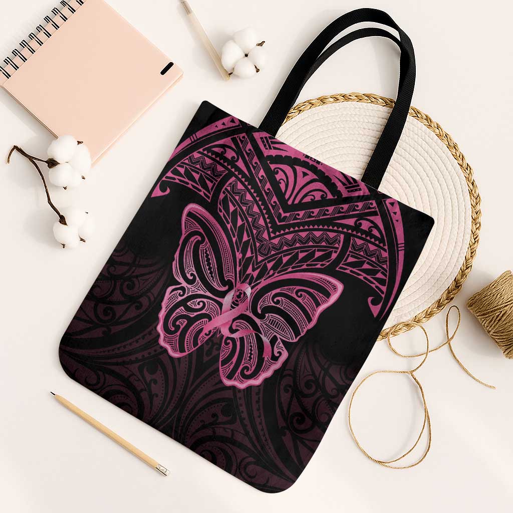 New Zealand Breast Cancer Awareness Tote Bag Maori Butterfly Pink Ribbon Black Version - Polynesian Pride