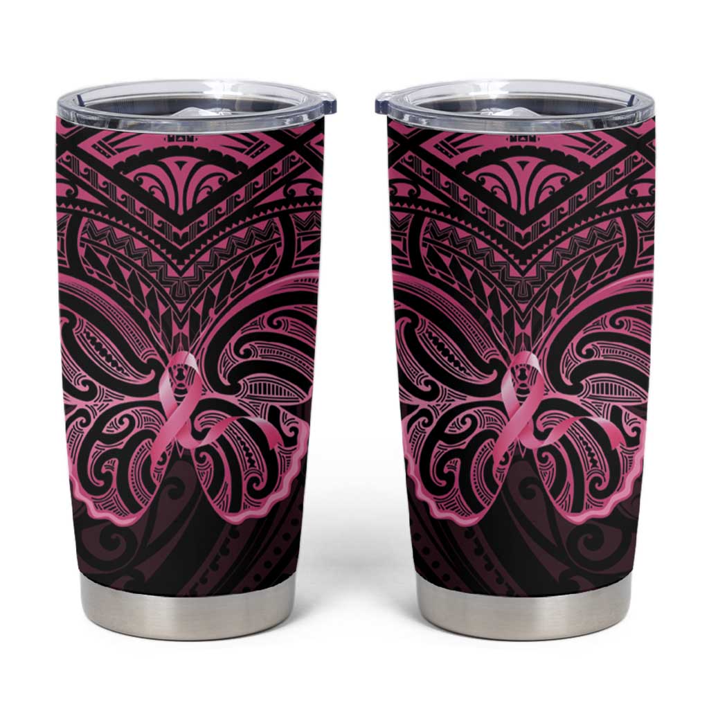 New Zealand Breast Cancer Awareness Tumbler Cup Maori Butterfly Pink Ribbon Black Version LT14 Black - Polynesian Pride