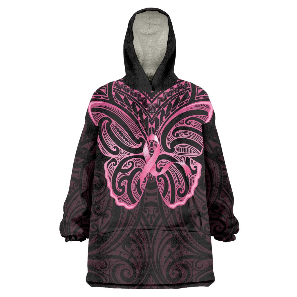 New Zealand Breast Cancer Awareness Wearable Blanket Hoodie Maori Butterfly Pink Ribbon Black Version LT14 One Size Black - Polynesian Pride