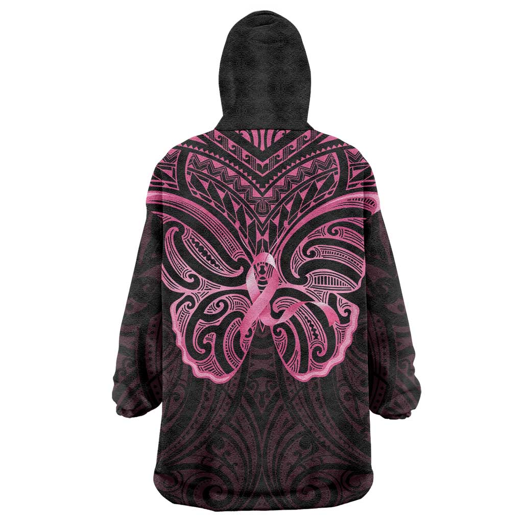 New Zealand Breast Cancer Awareness Wearable Blanket Hoodie Maori Butterfly Pink Ribbon Black Version LT14 - Polynesian Pride