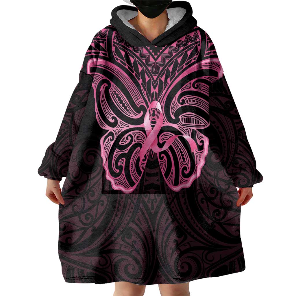 New Zealand Breast Cancer Awareness Wearable Blanket Hoodie Maori Butterfly Pink Ribbon Black Version LT14 - Polynesian Pride