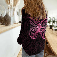 New Zealand Breast Cancer Awareness Women Casual Shirt Maori Butterfly Pink Ribbon Black Version LT14 - Polynesian Pride