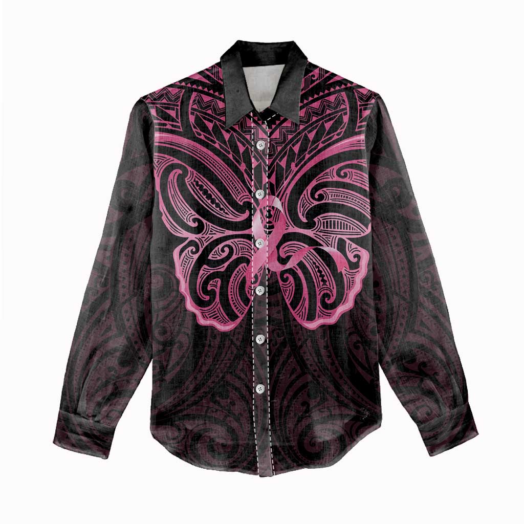 New Zealand Breast Cancer Awareness Women Casual Shirt Maori Butterfly Pink Ribbon Black Version LT14 - Polynesian Pride