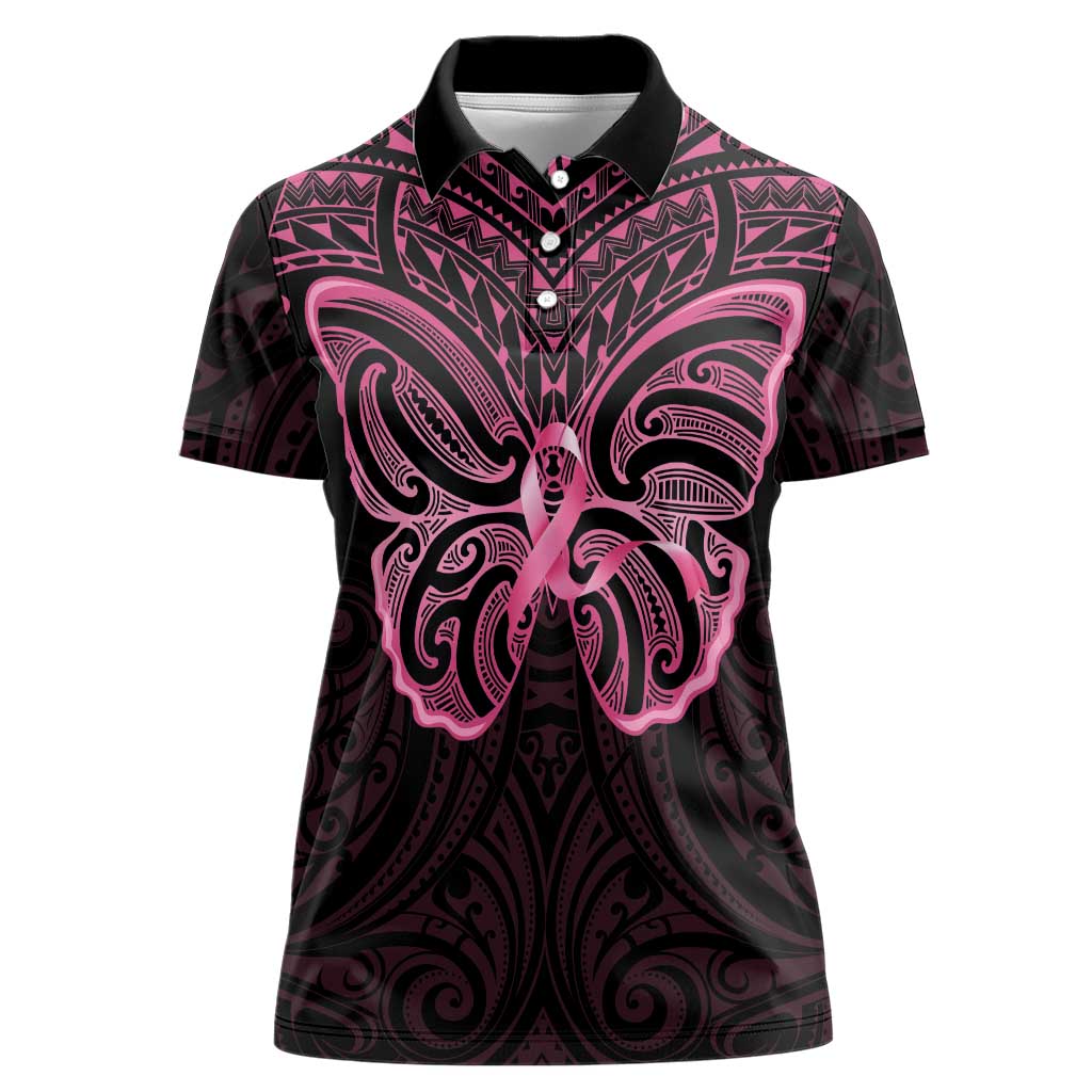 New Zealand Breast Cancer Awareness Women Polo Shirt Maori Butterfly Pink Ribbon Black Version LT14 Female Black - Polynesian Pride