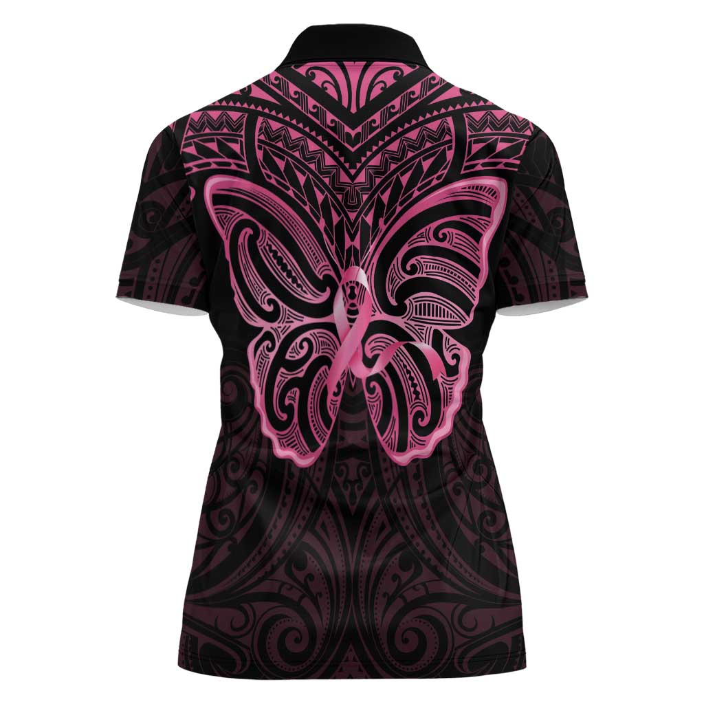New Zealand Breast Cancer Awareness Women Polo Shirt Maori Butterfly Pink Ribbon Black Version LT14 - Polynesian Pride