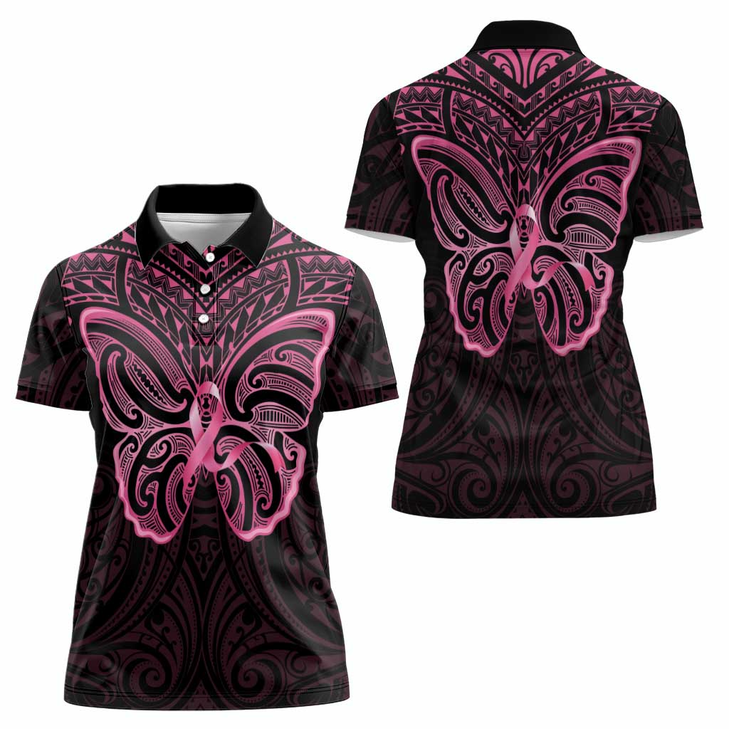 New Zealand Breast Cancer Awareness Women Polo Shirt Maori Butterfly Pink Ribbon Black Version LT14 - Polynesian Pride