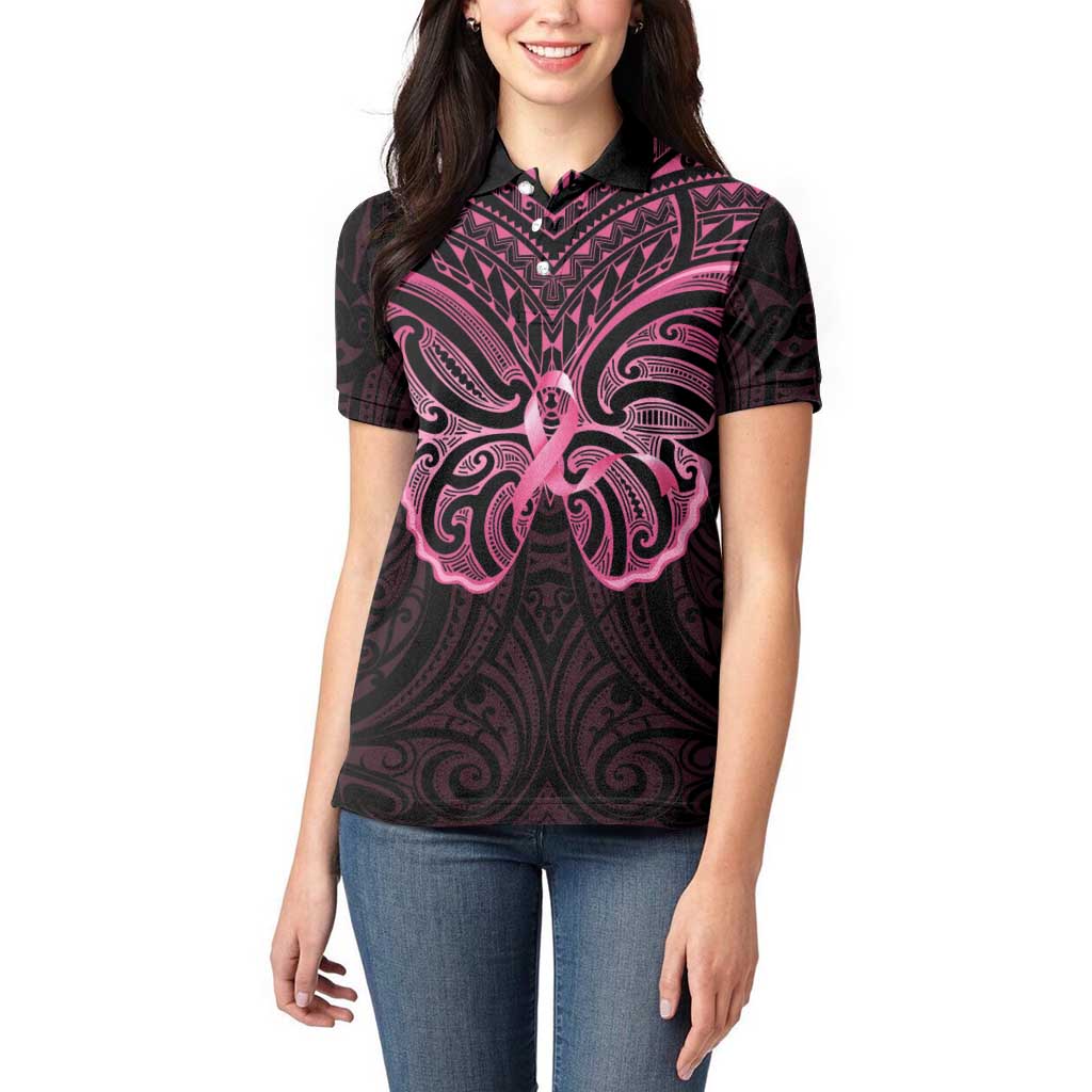 New Zealand Breast Cancer Awareness Women Polo Shirt Maori Butterfly Pink Ribbon Black Version LT14 - Polynesian Pride