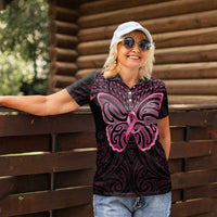 New Zealand Breast Cancer Awareness Women Polo Shirt Maori Butterfly Pink Ribbon Black Version LT14 - Polynesian Pride