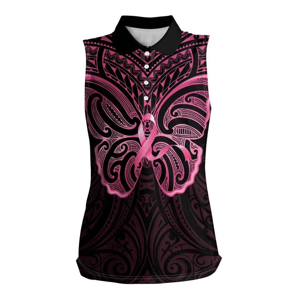 New Zealand Breast Cancer Awareness Women Sleeveless Polo Shirt Maori Butterfly Pink Ribbon Black Version LT14 Female Black - Polynesian Pride