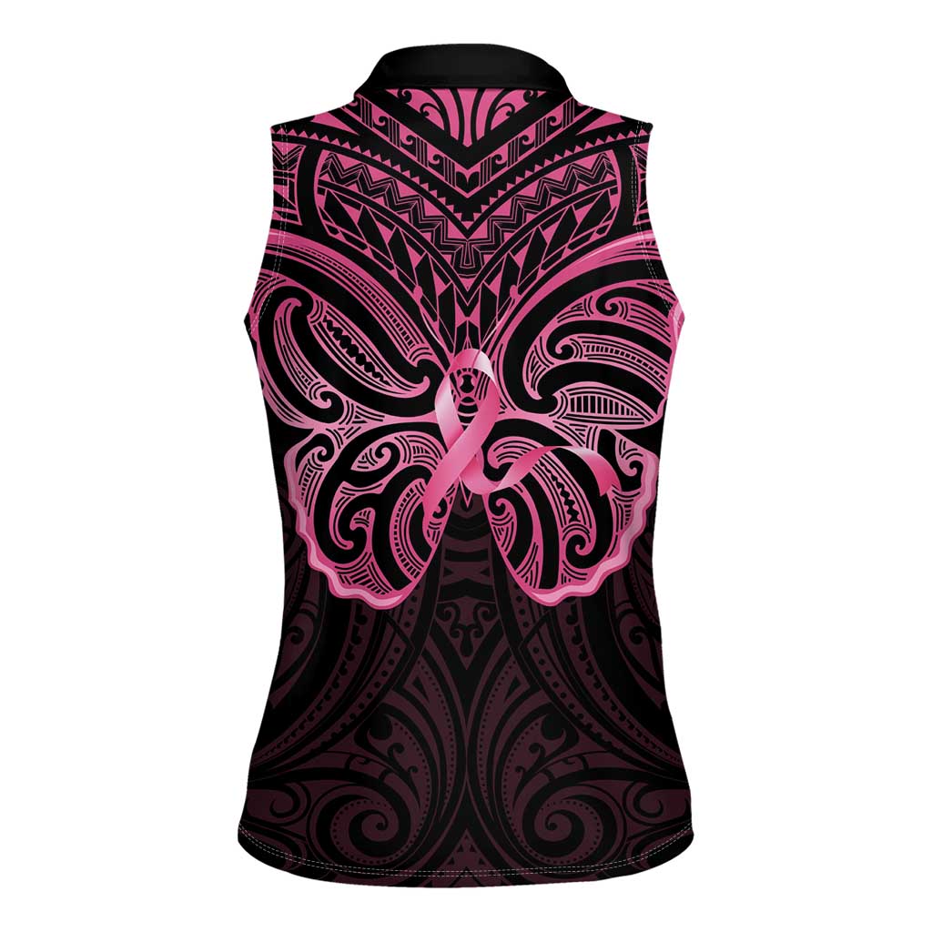 New Zealand Breast Cancer Awareness Women Sleeveless Polo Shirt Maori Butterfly Pink Ribbon Black Version LT14 - Polynesian Pride