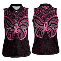 New Zealand Breast Cancer Awareness Women Sleeveless Polo Shirt Maori Butterfly Pink Ribbon Black Version LT14 - Polynesian Pride