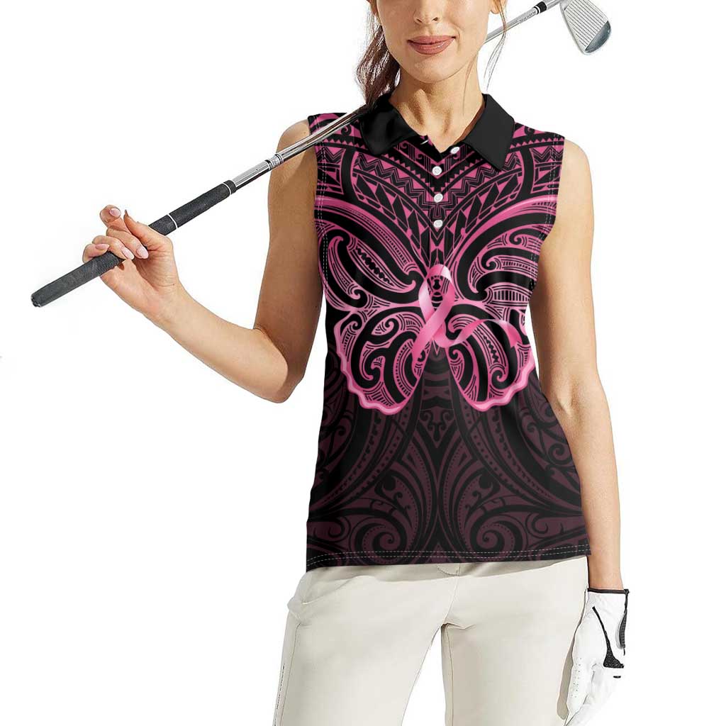 New Zealand Breast Cancer Awareness Women Sleeveless Polo Shirt Maori Butterfly Pink Ribbon Black Version LT14 - Polynesian Pride