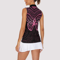 New Zealand Breast Cancer Awareness Women Sleeveless Polo Shirt Maori Butterfly Pink Ribbon Black Version LT14 - Polynesian Pride