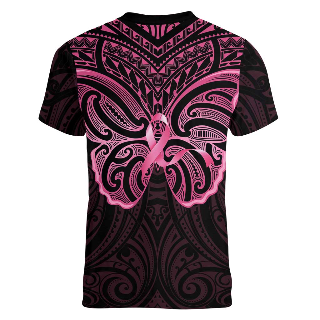 New Zealand Breast Cancer Awareness Women V-Neck T-Shirt Maori Butterfly Pink Ribbon Black Version LT14 - Polynesian Pride