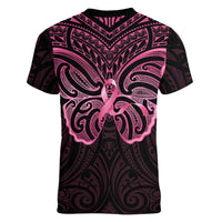 New Zealand Breast Cancer Awareness Women V-Neck T-Shirt Maori Butterfly Pink Ribbon Black Version LT14 - Polynesian Pride