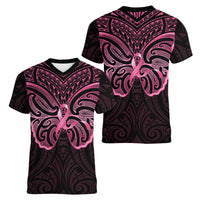 New Zealand Breast Cancer Awareness Women V-Neck T-Shirt Maori Butterfly Pink Ribbon Black Version LT14 - Polynesian Pride