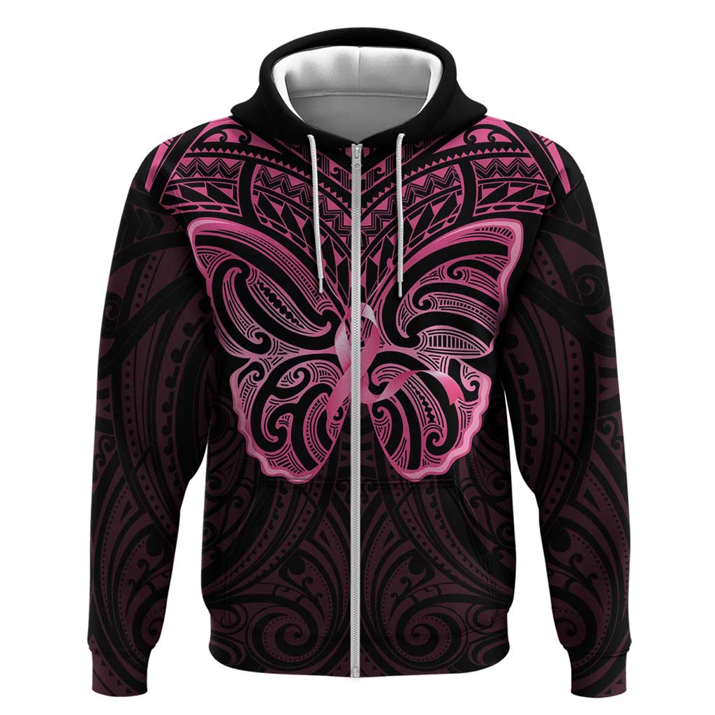 New Zealand Breast Cancer Awareness Zip Hoodie Maori Butterfly Pink Ribbon Black Version LT14 Zip Hoodie Black - Polynesian Pride