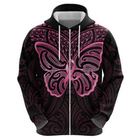 New Zealand Breast Cancer Awareness Zip Hoodie Maori Butterfly Pink Ribbon Black Version LT14 - Polynesian Pride