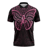 New Zealand Breast Cancer Awareness Zipper Polo Shirt Maori Butterfly Pink Ribbon Black Version LT14 Black - Polynesian Pride