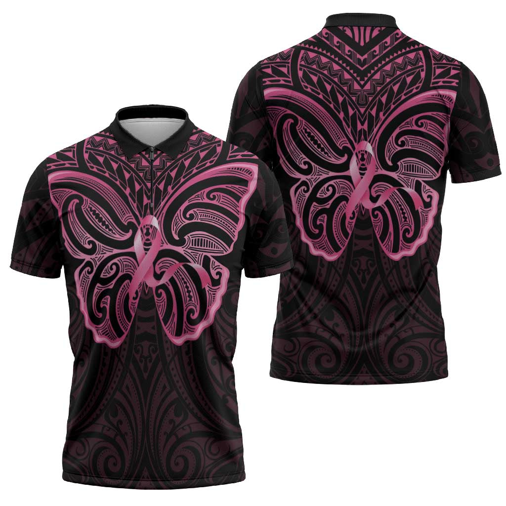 New Zealand Breast Cancer Awareness Zipper Polo Shirt Maori Butterfly Pink Ribbon Black Version LT14 - Polynesian Pride