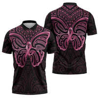 New Zealand Breast Cancer Awareness Zipper Polo Shirt Maori Butterfly Pink Ribbon Black Version LT14 - Polynesian Pride