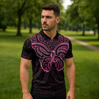 New Zealand Breast Cancer Awareness Zipper Polo Shirt Maori Butterfly Pink Ribbon Black Version LT14 - Polynesian Pride