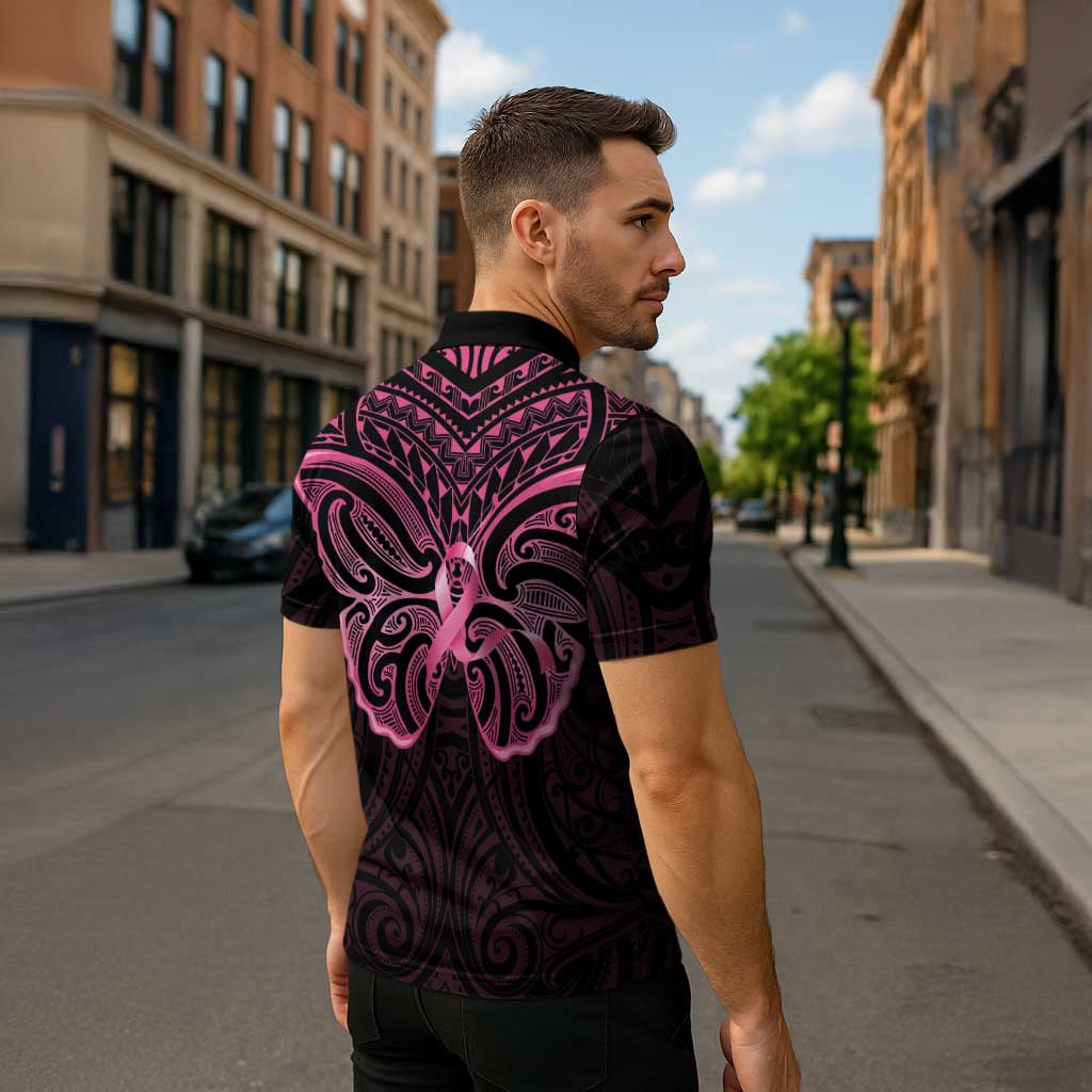 New Zealand Breast Cancer Awareness Zipper Polo Shirt Maori Butterfly Pink Ribbon Black Version LT14 - Polynesian Pride