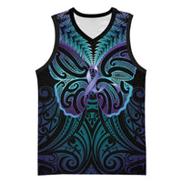 Suicide Prevention New Zealand Basketball Jersey Aotearoa Maori Butterfly Mix Silver Fern LT14 Unisex Black - Polynesian Pride