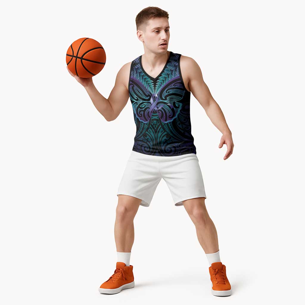 Suicide Prevention New Zealand Basketball Jersey Aotearoa Maori Butterfly Mix Silver Fern LT14 - Polynesian Pride