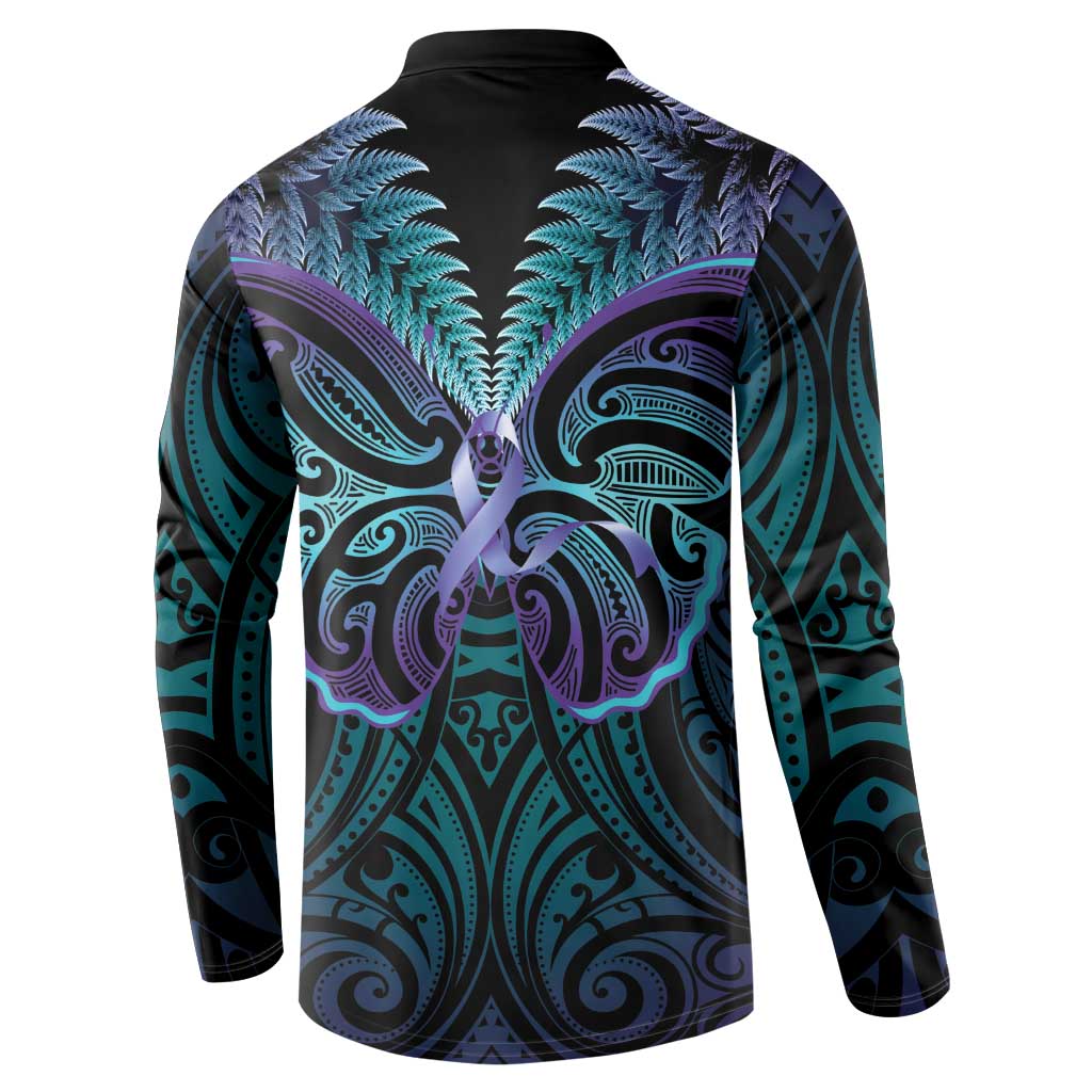 Suicide Prevention New Zealand Button Sweatshirt Aotearoa Maori Butterfly Mix Silver Fern - Polynesian Pride